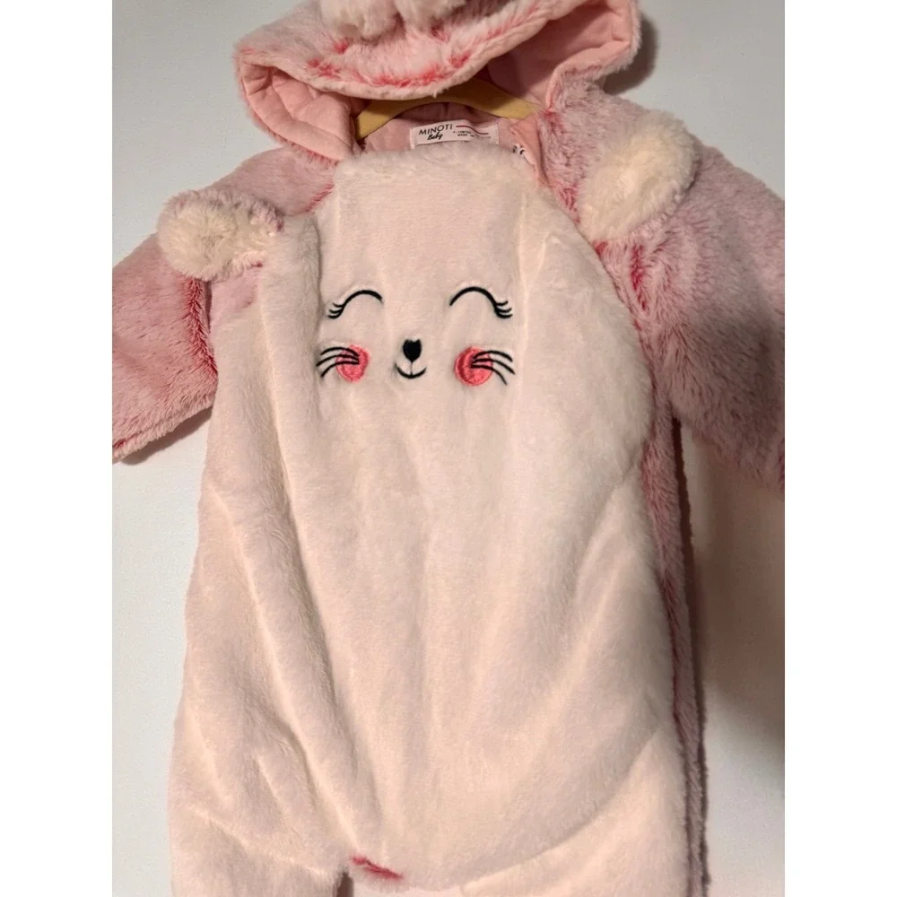 Minoti Baby‎ Girl Pink Bunny Fuzzy Snowsuit Size 9-12 Months